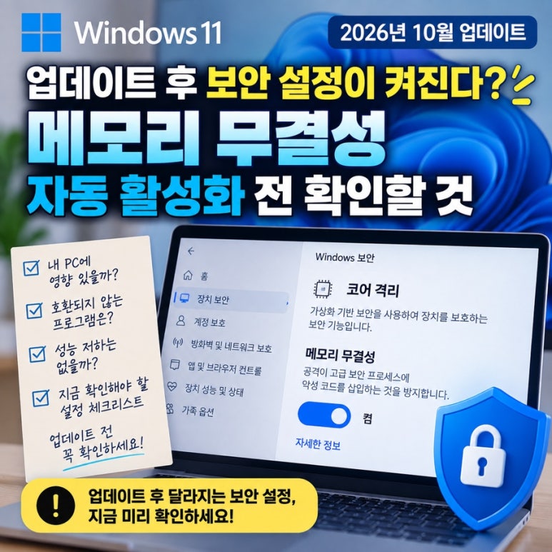 윈도우11 10월 업데이트 후 보안 설정이 켜진다?|메모리 무결성 자동 활성화 전 확인할 것 관련 이미지