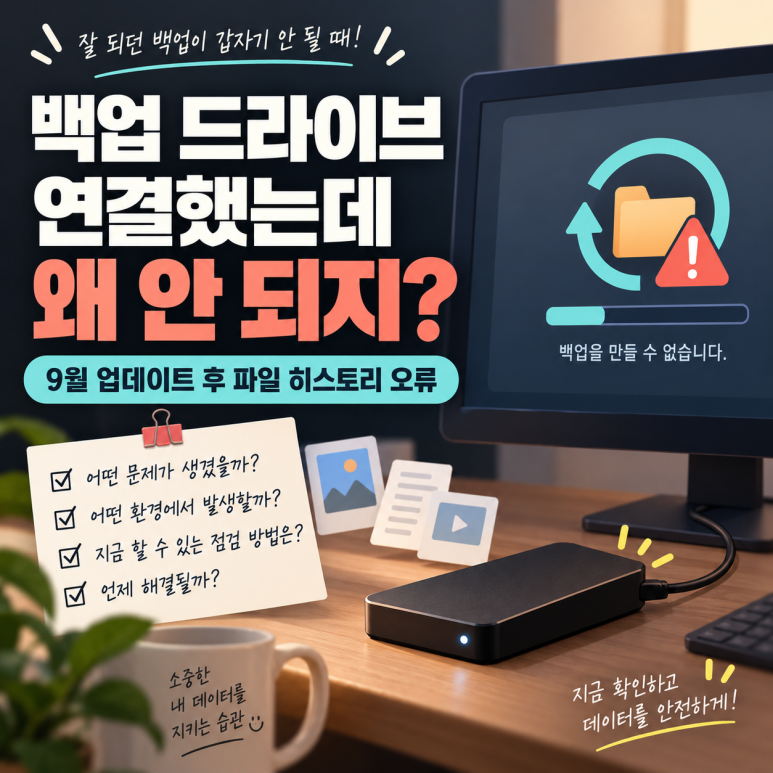 Windows 11 업데이트 후 백업 안 될 때|파일 히스토리 ‘드라이브 다시 연결’ 오류 확인법 관련 이미지