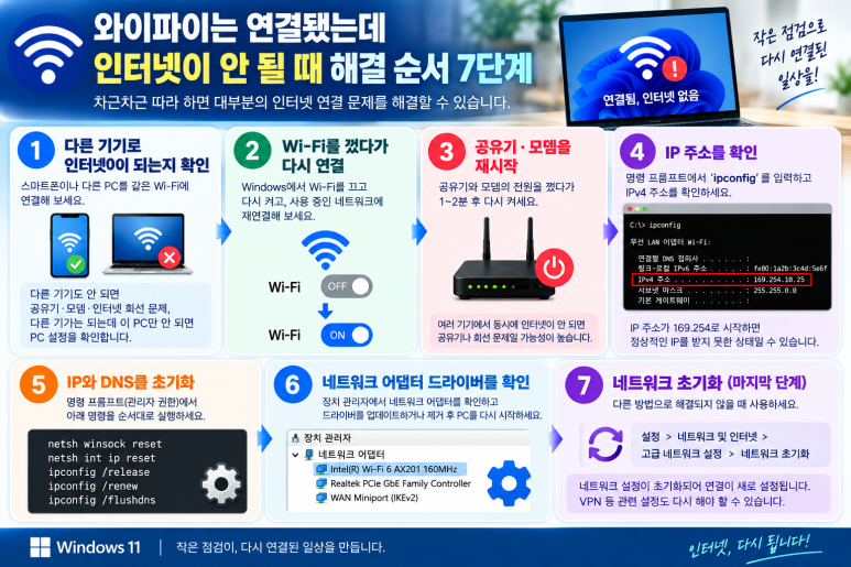 와이파이는 연결됐는데 인터넷이 안 될 때|윈도우에서 먼저 확인할 7가지 관련 이미지