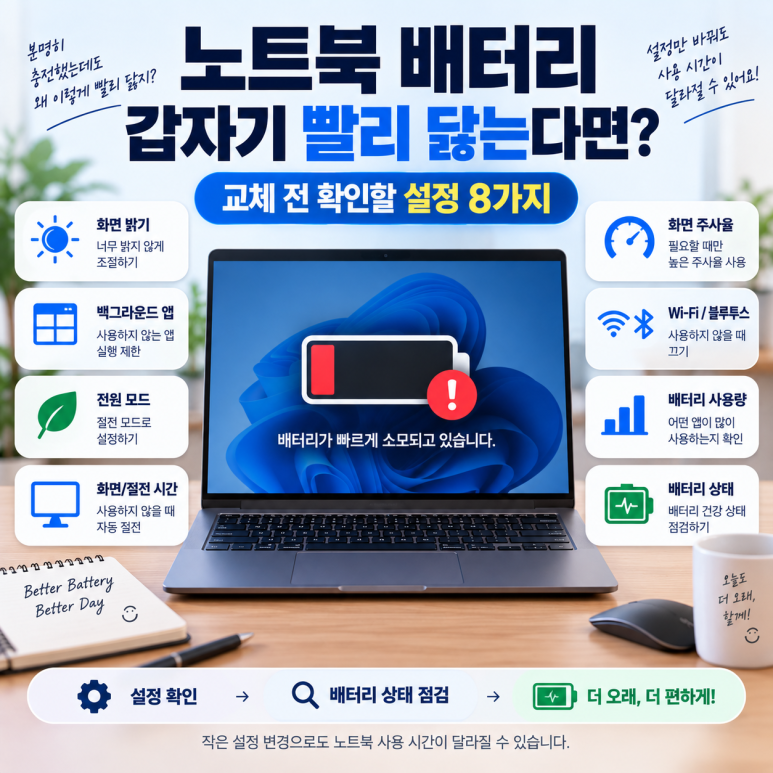 노트북 배터리가 갑자기 빨리 닳을 때|교체 전 확인해야 할 설정 8가지 관련 이미지