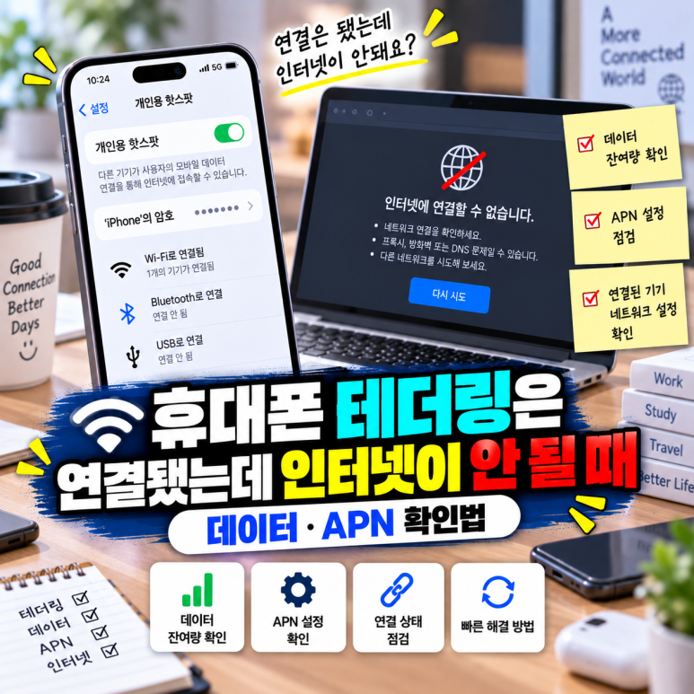휴대폰 테더링은 연결됐는데 인터넷이 안 될 때|데이터·APN 확인법 관련 이미지