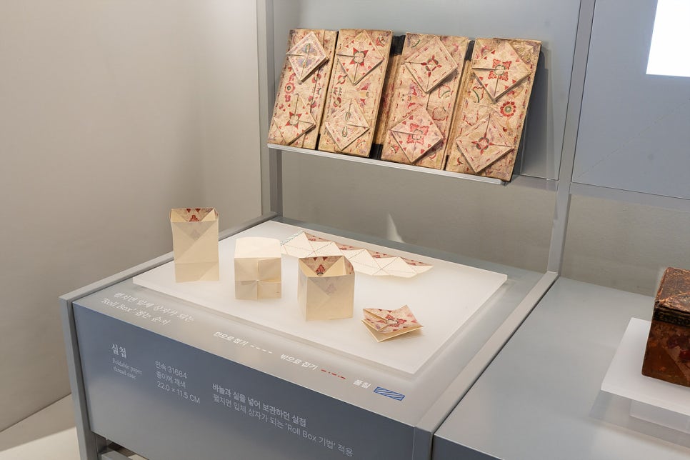 A display case holding a paper box alongside models that reproduce each stage of folding it