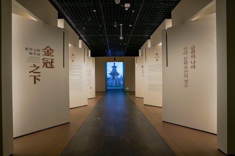The entrance section of the special exhibition gallery. The title appears on a dark wall in Korean and Chinese, with lit display cases beyond