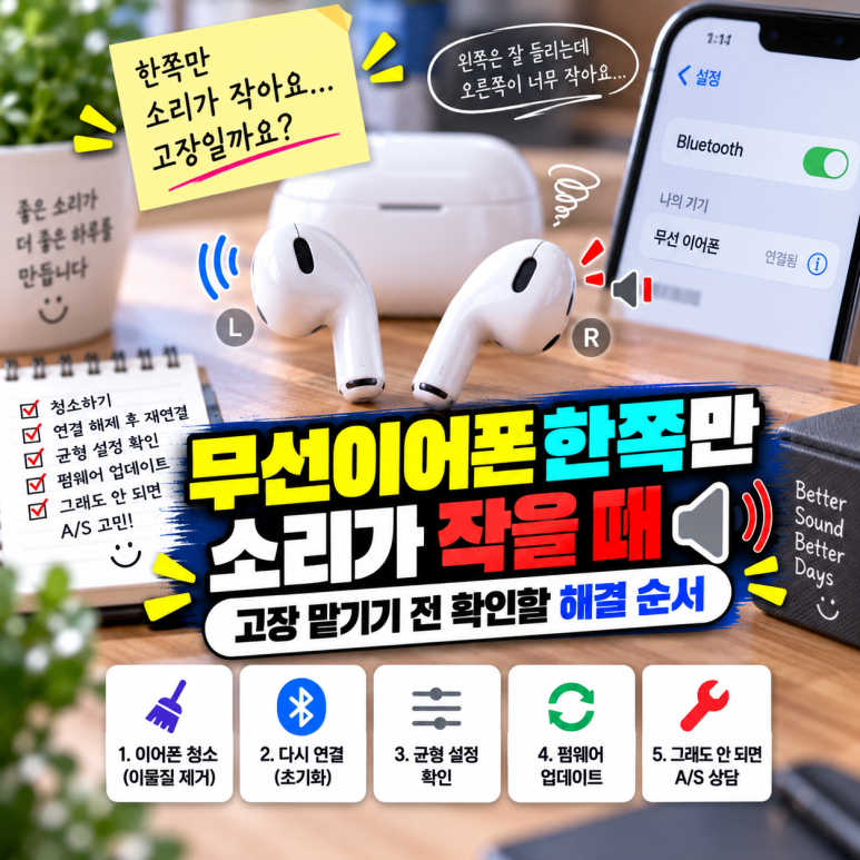 무선이어폰 한쪽만 소리가 작을 때|고장 맡기기 전 확인할 해결 순서 관련 이미지