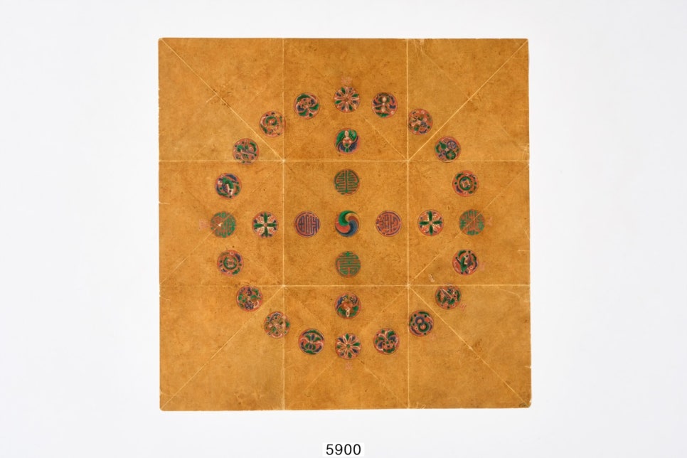 The painted square paper yut board seen face on. The track the pieces travel is laid out as a circle rather than a square, and every station carries a different motif