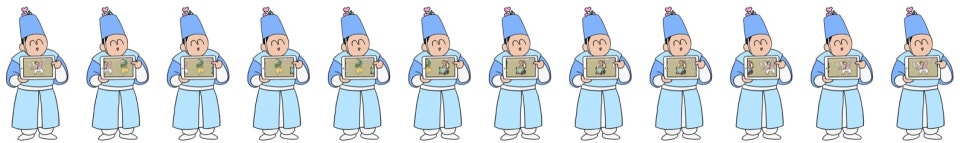 한 캐릭터의 연속 동작을 가로로 이어 붙인 애니메이션 프레임