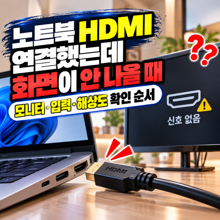 노트북 HDMI 연결했는데 화면이 안 나올 때|모니터·입력·해상도 확인 순서 관련 이미지