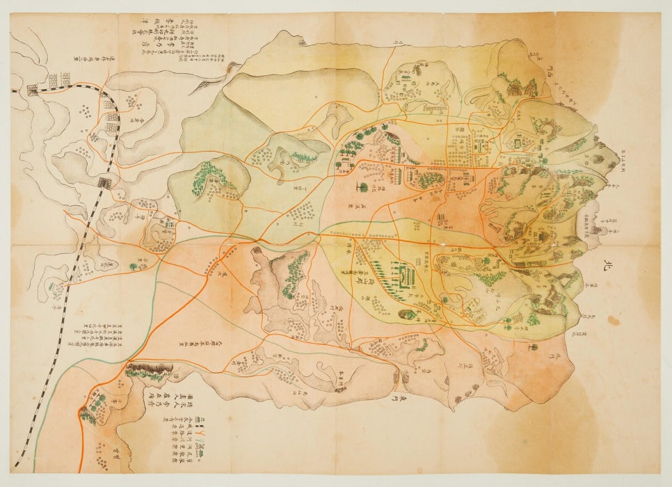 An old coloured map of the villages, ridges and streams of Dugye-ri below Gyeryongsan