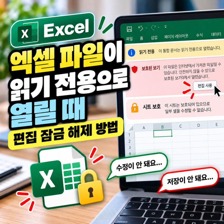 엑셀 파일이 읽기 전용으로 열릴 때|편집 잠금 해제 방법 관련 이미지