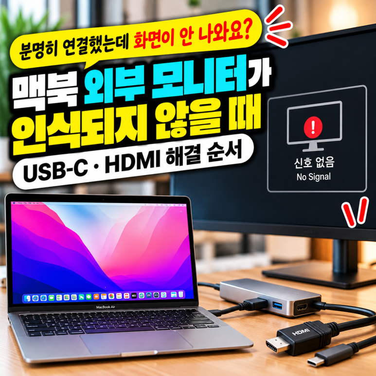 맥북 외부 모니터가 인식되지 않을 때|USB-C·HDMI 해결 순서 관련 이미지