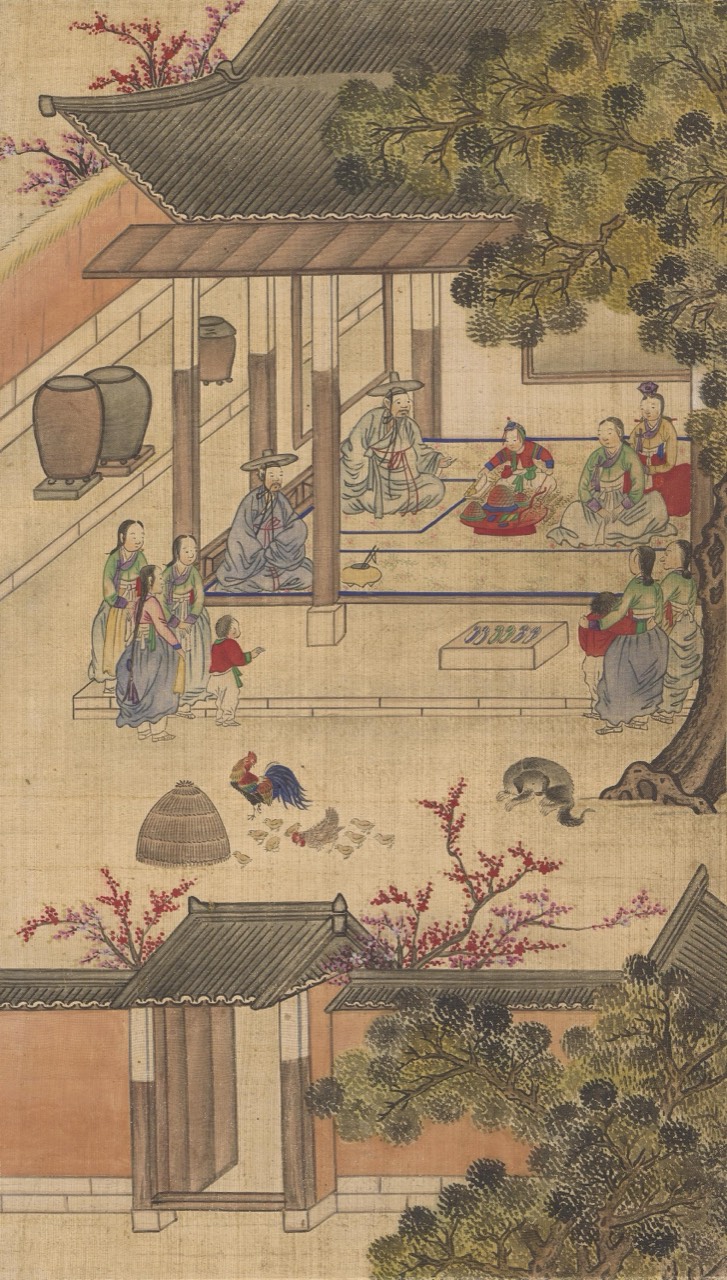 조선 평생도 병풍의 한 폭. 관복 입은 인물과 행렬, 기와집과 나무가 세밀하게 그려져 있다
