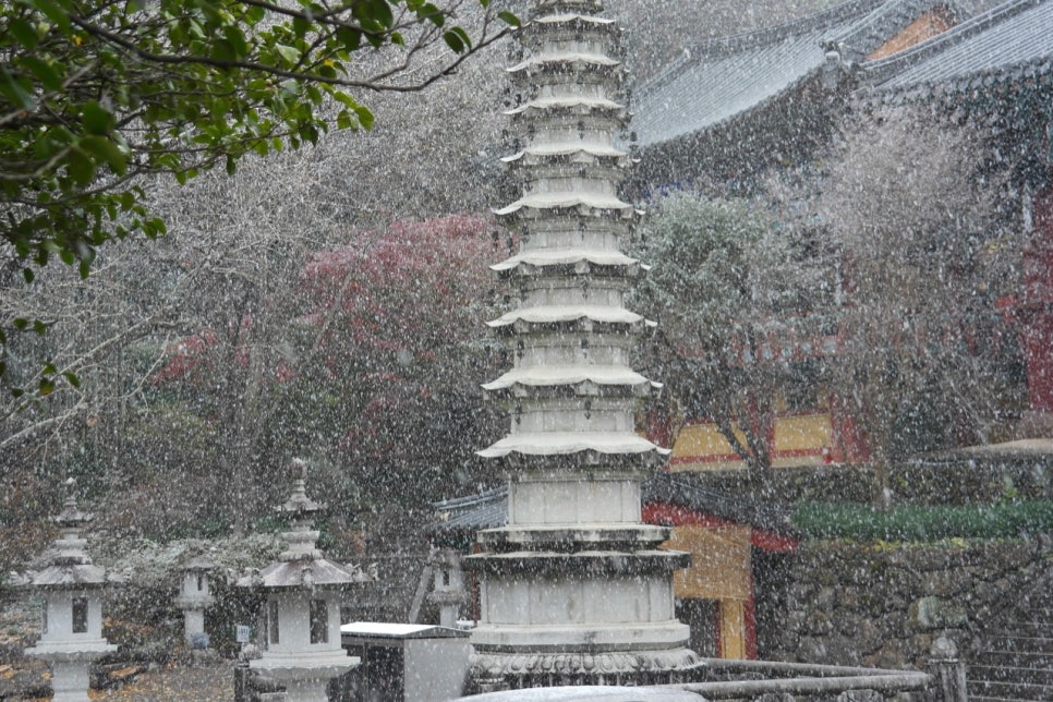 The nine-storey pagoda of Ssanggyesa standing in the first snow of the year