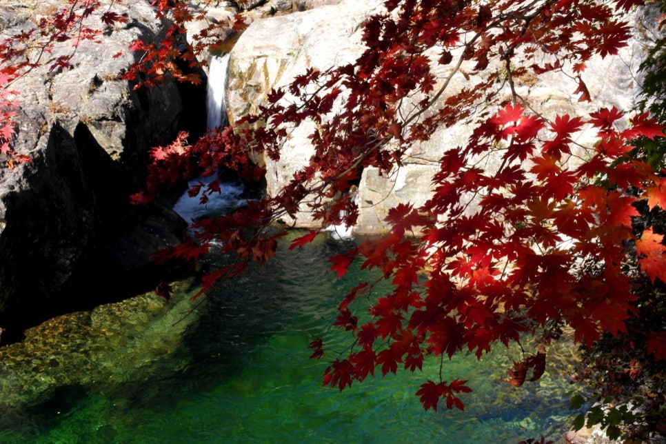 A jade-green pool below a rocky valley in autumn colour
