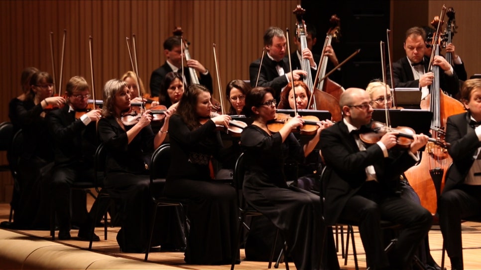 Side view of an orchestra's string section playing violins
