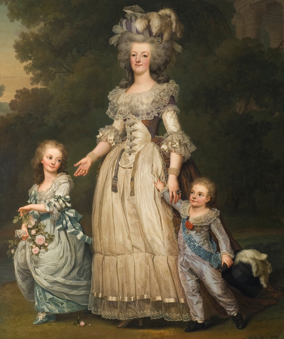 Portrait of Marie Antoinette walking in a garden with two of her children