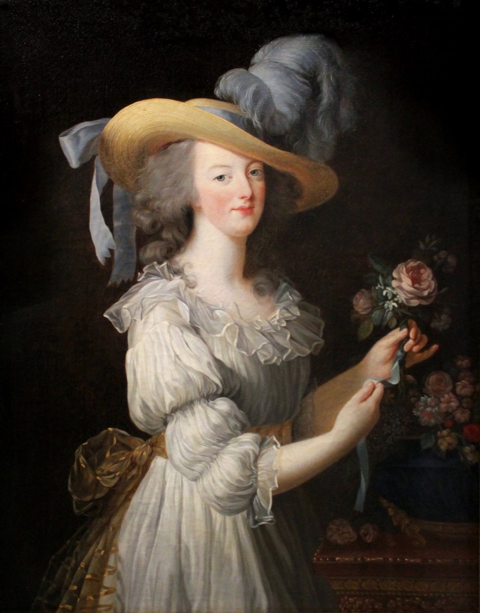 Portrait by Vigée Le Brun, 1783, of Marie Antoinette in a white muslin dress and straw hat
