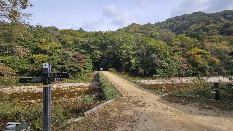 A dirt path and wooden signpost near the Seonjae-gil log bridge