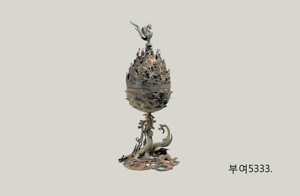 The Gilt-bronze Incense Burner of Baekje: a lotus base topped by a lid of mountain peaks and a phoenix