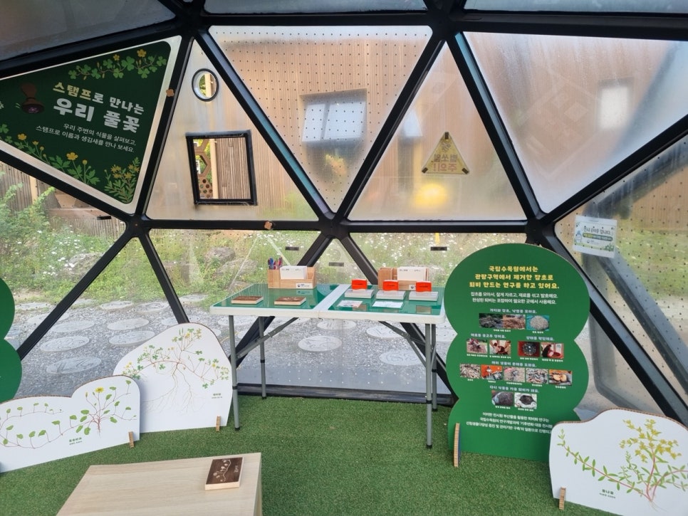 A stamping table with rubber stamps next to a standing panel on compost research