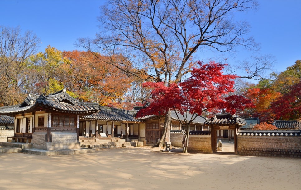 Yeongyeongdang's women's quarters under a blue sky behind a red maple