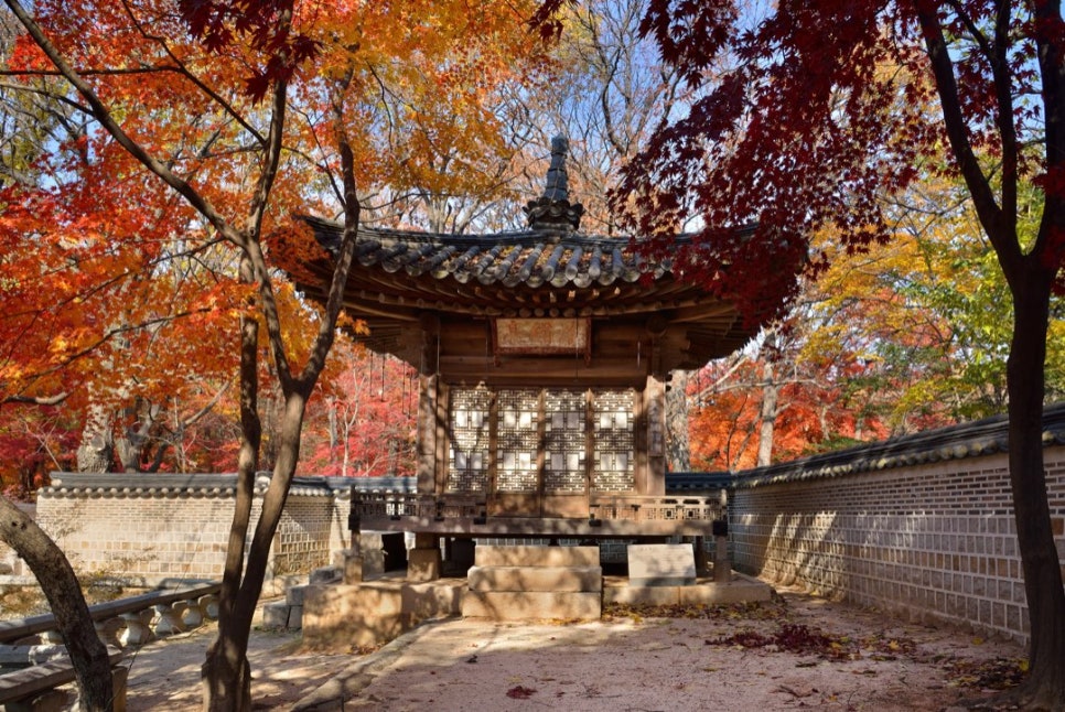 The small Nongsujeong pavilion above terraced flower beds, with autumn leaves