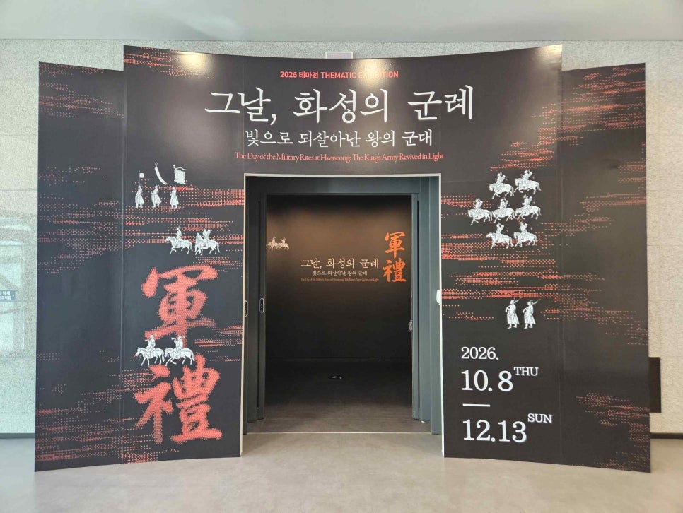 The gallery entrance wall with two large red Chinese characters for 'military rites' and a graphic of a mounted soldier