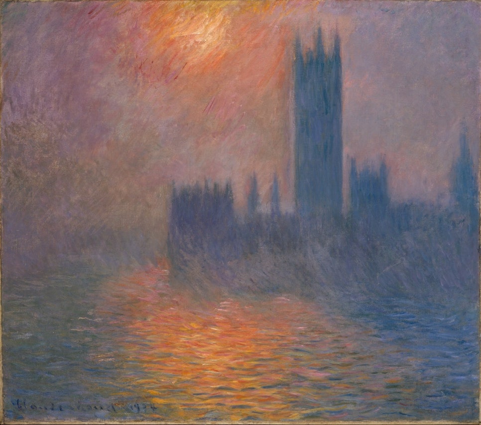 Monet oil painting of the London Houses of Parliament as a dark silhouette in a sunset haze