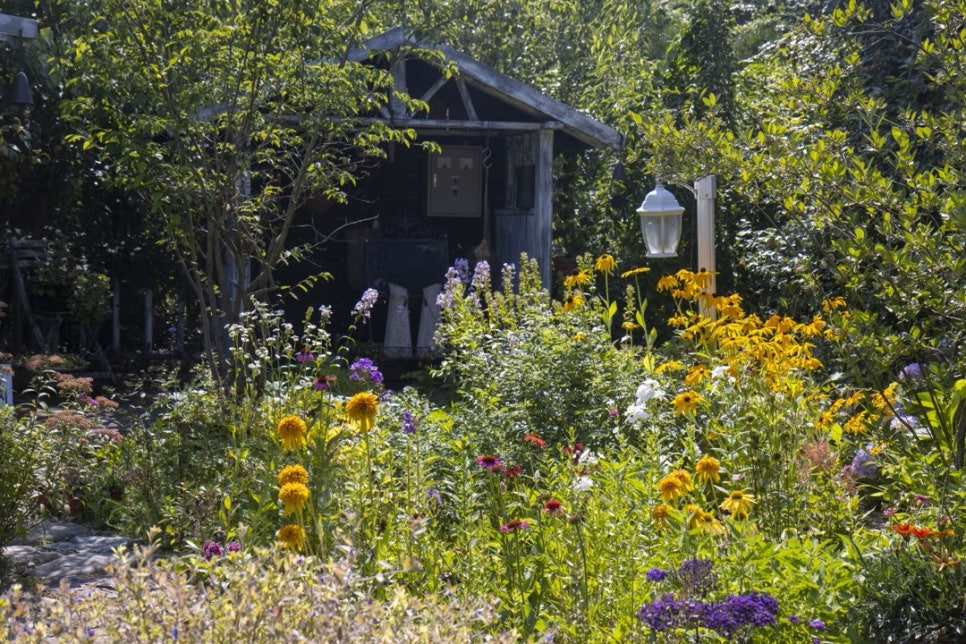 Perennial flower beds in front of a small cabin at Yasaenghwa Ilgi in Gyeongju