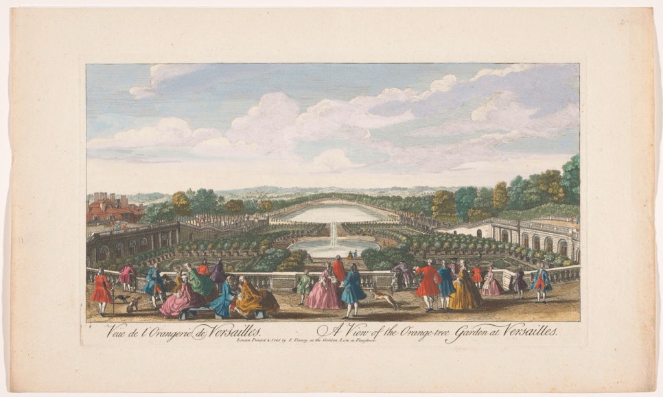 Black-and-white engraving of potted trees set out in regular rows in the garden in front of the Versailles orangery