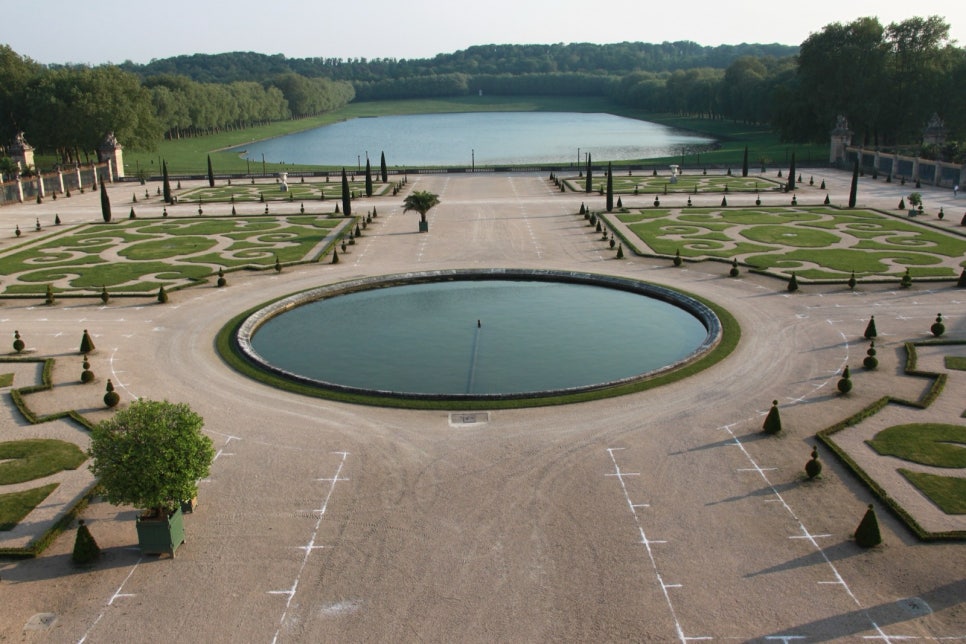 Round-clipped trees in wooden planter boxes standing in a long row in the orangery garden at the Palace of Versailles