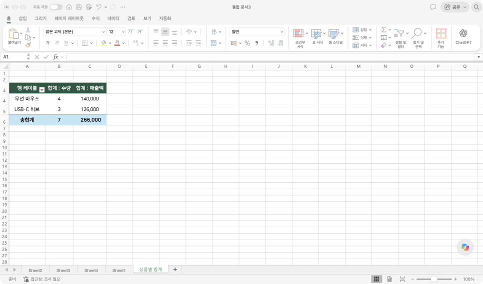 엑셀 피벗테이블 만들기, 상품별 수량과 매출 합계 쉽게 정리하기