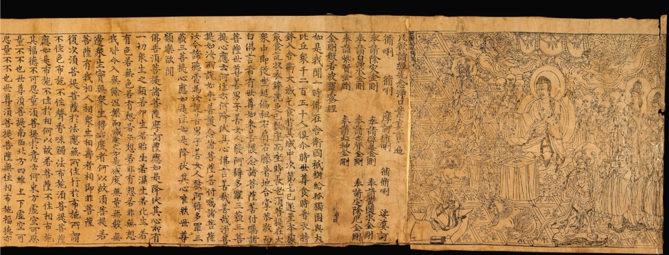 Woodblock-printed scroll with a frontispiece of the Buddha and disciples followed by long columns of Chinese text