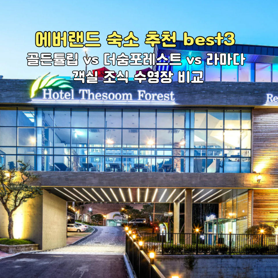 에버랜드 근처 숙소 추천 best3 타이틀. 골든튤립·더숨포레스트·라마다 객실 조식 수영장 비교예요.