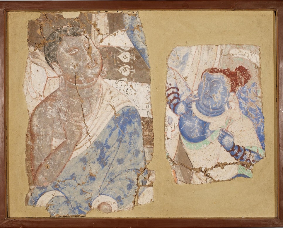 Fragment of a Kizil cave mural showing a monk's face from a preaching scene
