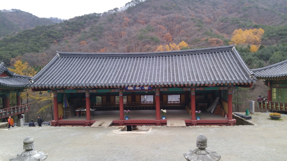 The roof of Guryongsa's Boganggru pavilion with a late-autumn mountainside behind