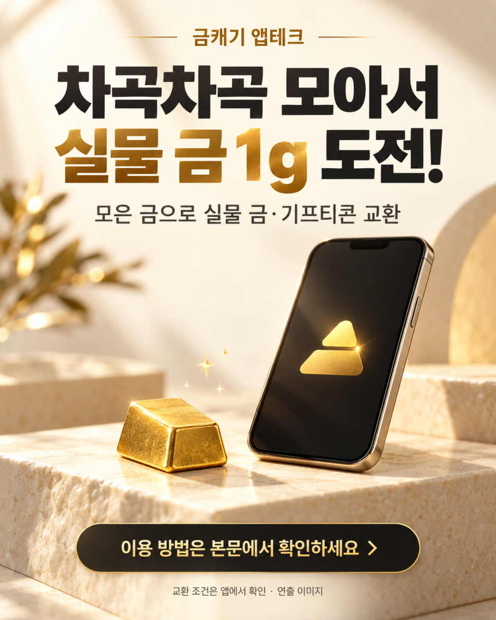 금캐기 앱테크, 차곡차곡 모아 실물 금 1g 교환에 도전하는 연출 이미지