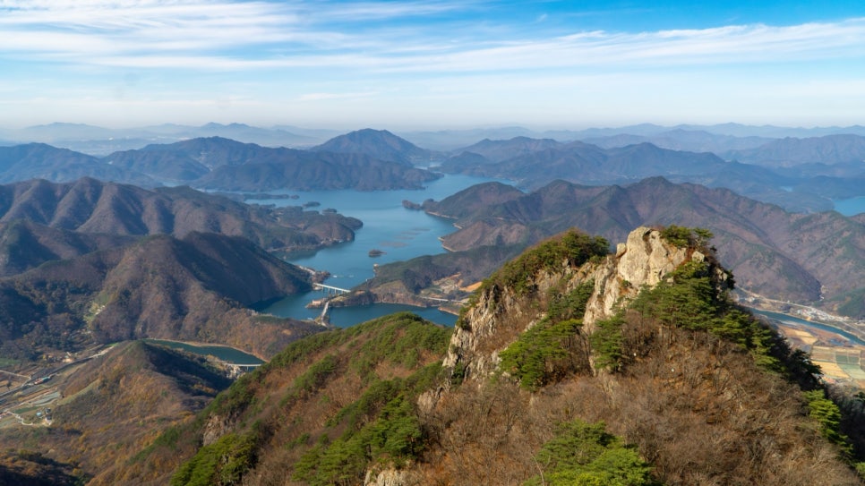 Chungju Lake winding beyond a rocky peak