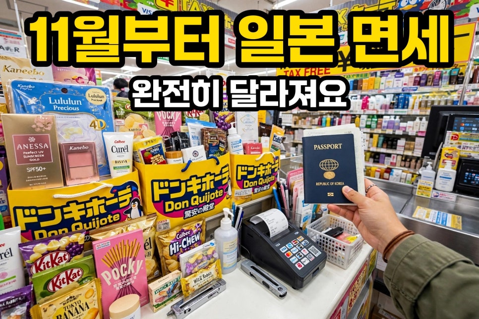 돈키호테 면세 카운터에서 여권을 제시하고 일본 면세 제도 변경 내용을 확인하는 모습