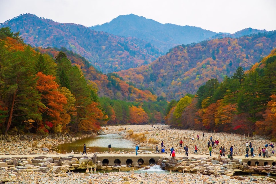Autumn ridges of inner Seorak above Baekdam Valley and a bridge