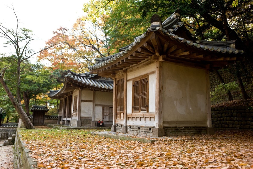 Unpainted Uiduhap building with a courtyard covered in fallen leaves