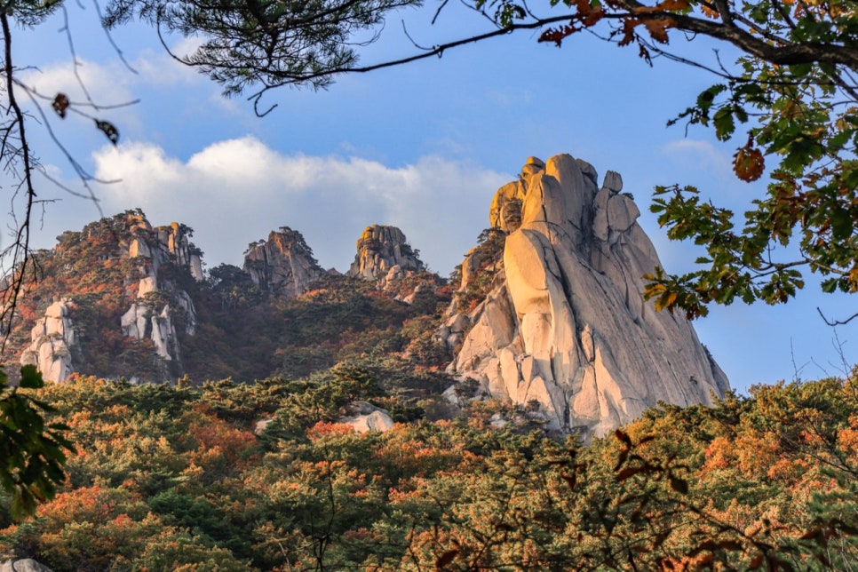 The granite faces of Seoninbong and Manjangbong on Dobongsan with autumn leaves, in daylight