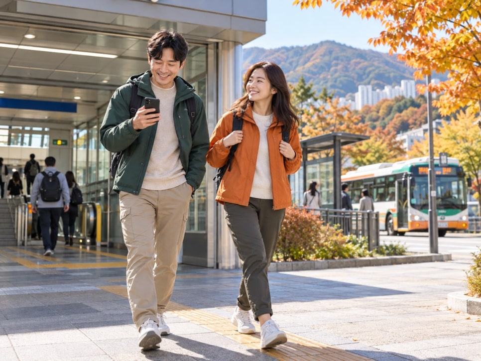 온양온천역에서 버스 노선을 확인하며 출발